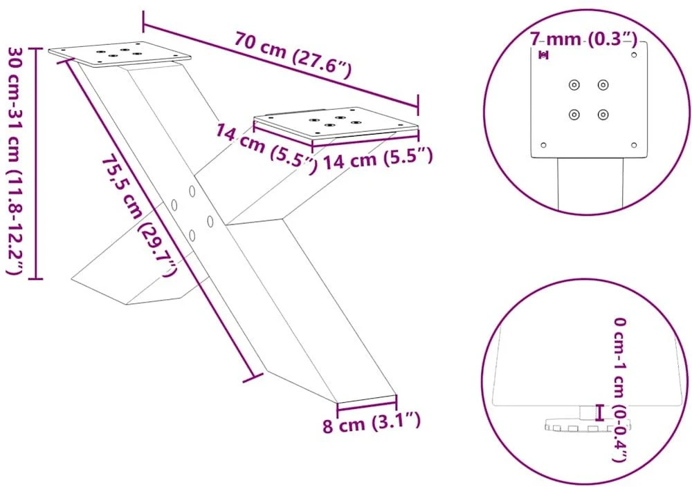 Kavos staliuko kojelės, X formos, 2 vnt., natūralus plienas, 70x(30-31) cm, plienas