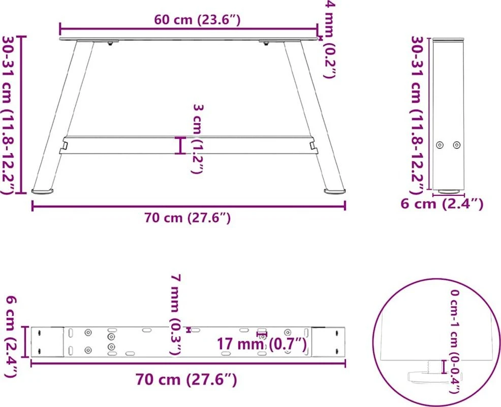 Kavos staliuko kojelės, A formos, 2 vnt., 70x(30-31) cm, plienas