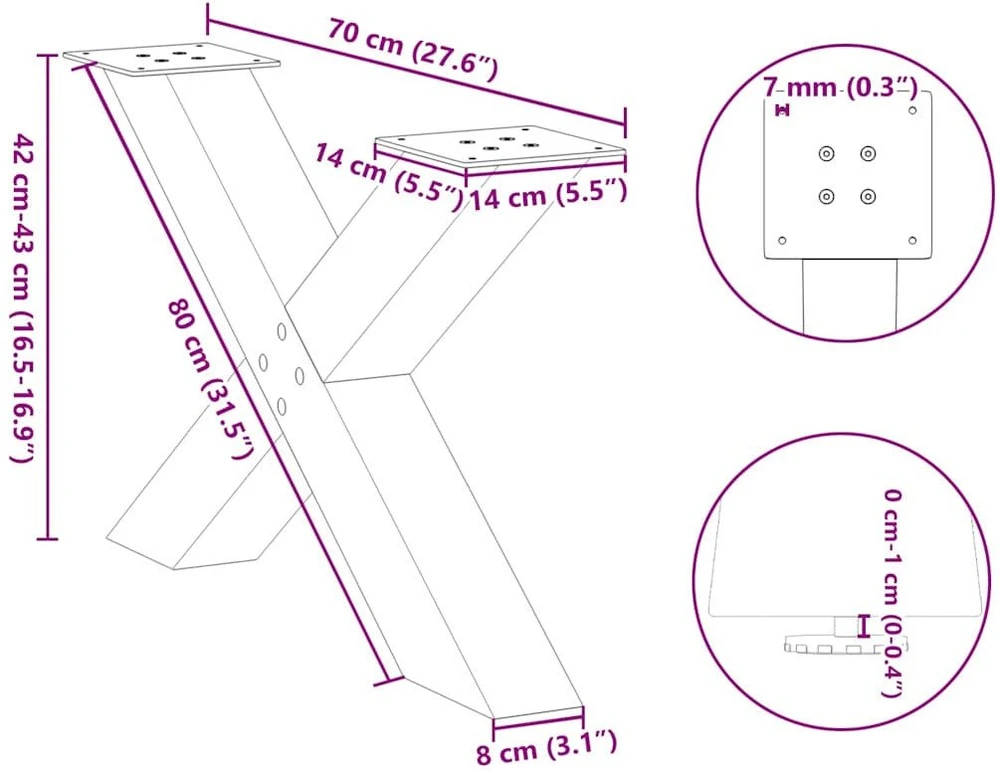 Kavos staliuko kojelės, X formos, 2 vnt., natūralus plienas, 70x(42-43) cm, plienas