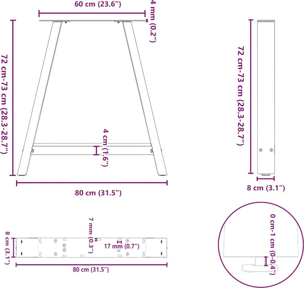 Valgomojo stalo kojelės, A formos, 2 vnt., 80x(72-73) cm, plienas