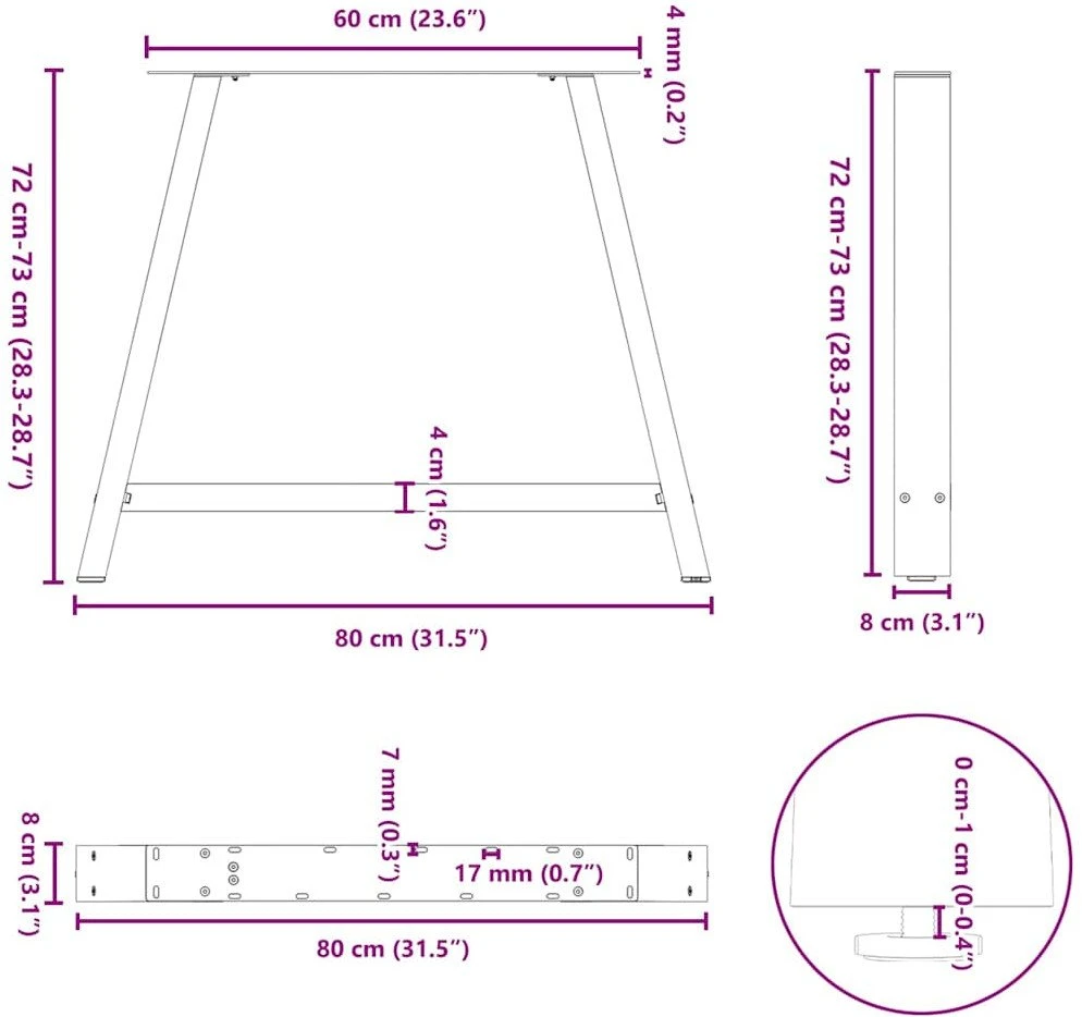 Valgomojo stalo kojelės, A formos, 2 vnt., 90x(72-73) cm, plienas