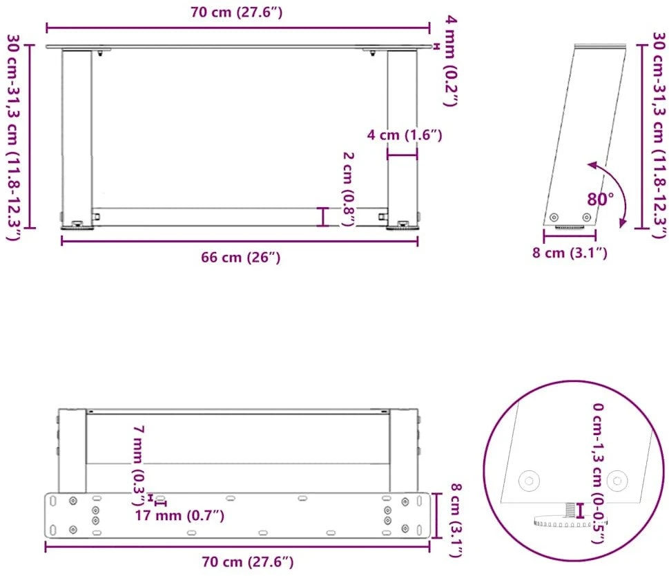 Kavos staliuko kojelės, U formos, 2 vnt., 70x(30-31)cm
