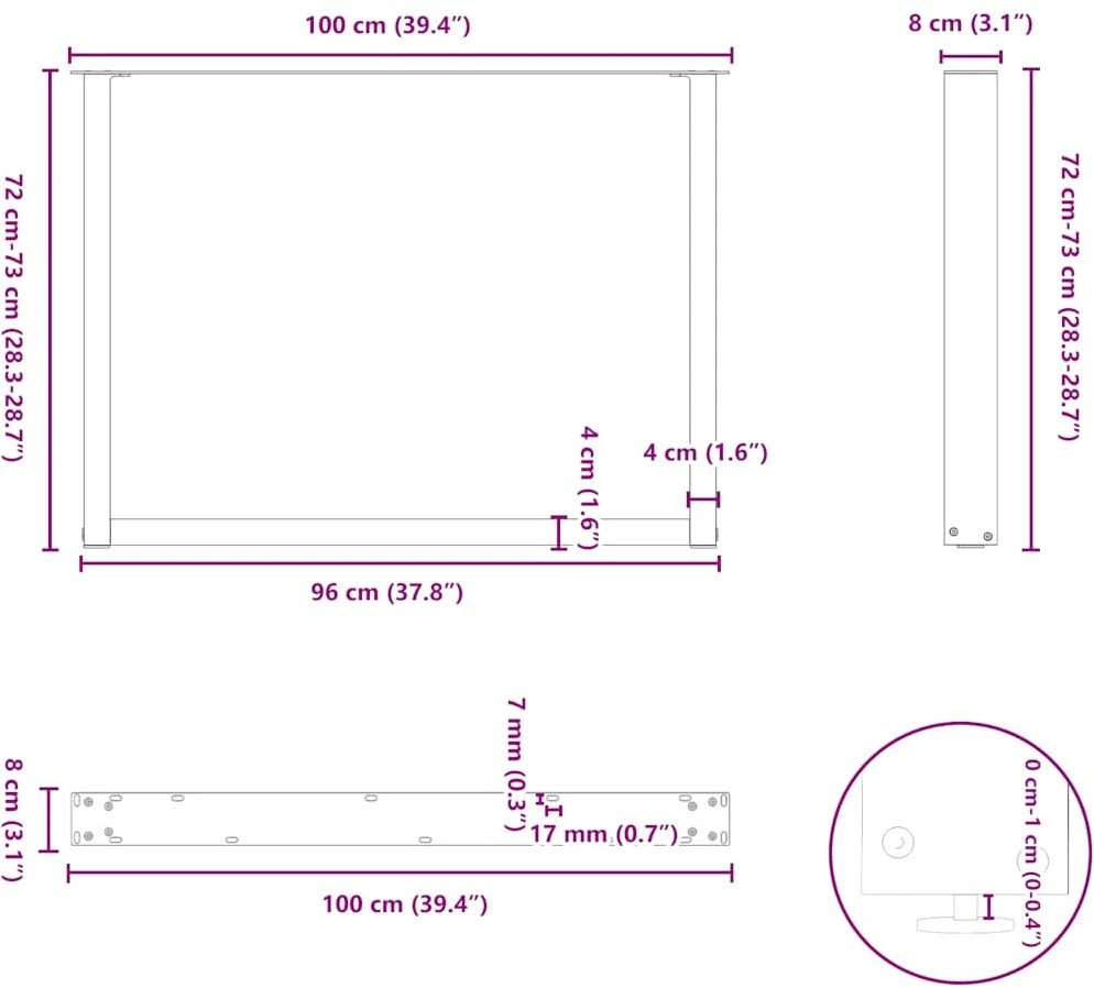 Kavos staliuko kojelės, U formos, 2 vnt., 100x(72-73) cm