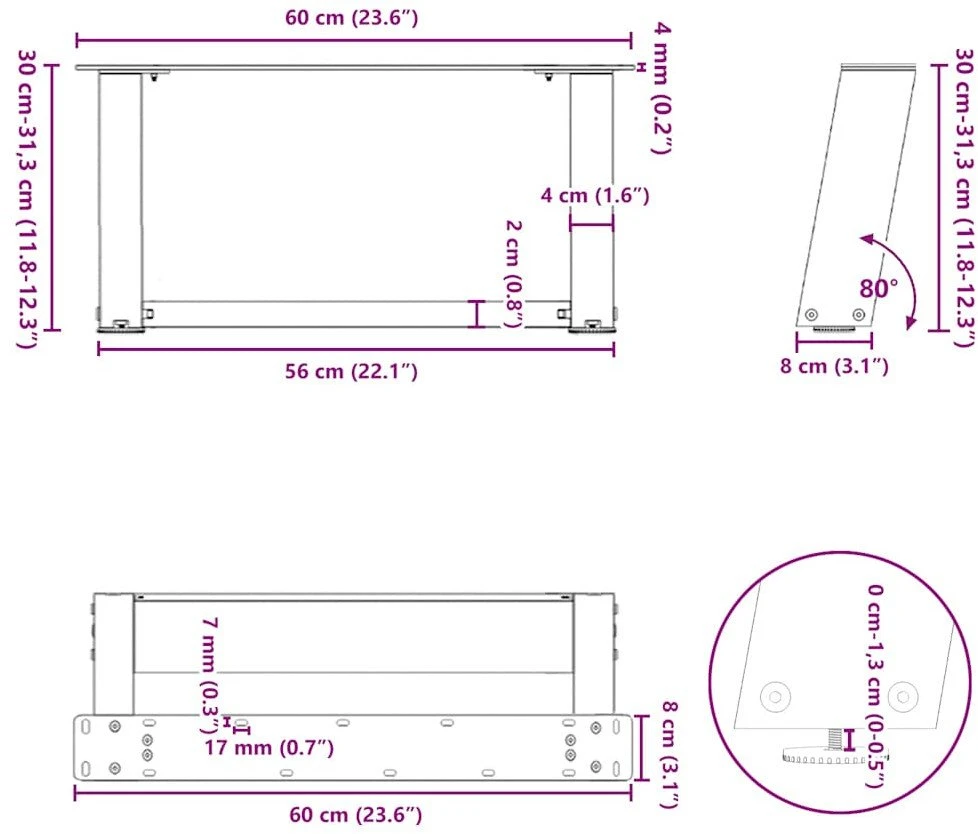 Kavos staliuko kojelės, U formos, 2 vnt., 60x(30-31)cm
