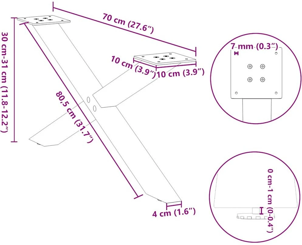 Kavos staliuko kojelės, 2 vnt., antracito spalvos, 70x(30-31) cm, plienas