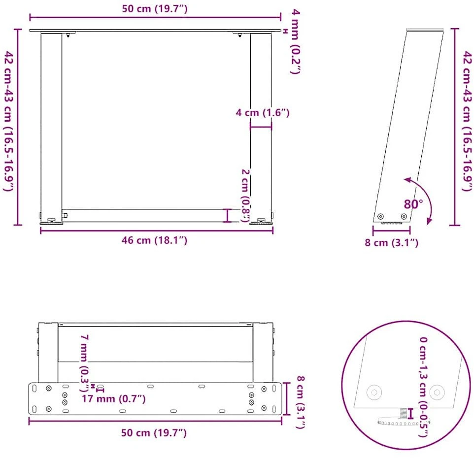 Kavos staliuko kojelės, U formos, 2 vnt., 50x(42-43)cm