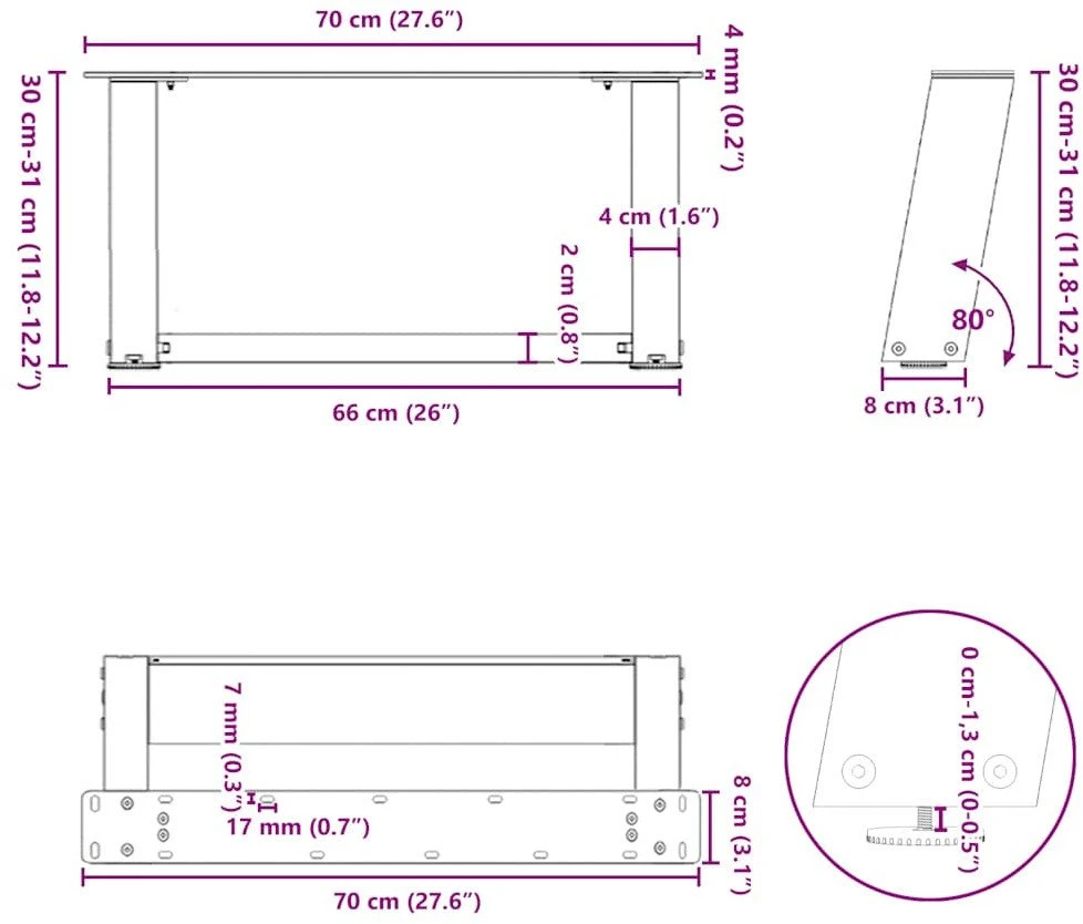 Kavos staliuko kojelės, 2 vnt., baltos, 70x(30-31) cm, plienas, U formos