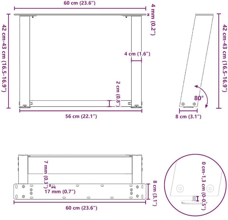 Kavos staliuko kojelės, 2 vnt., baltos, 60x(42-43) cm, plienas, U formos