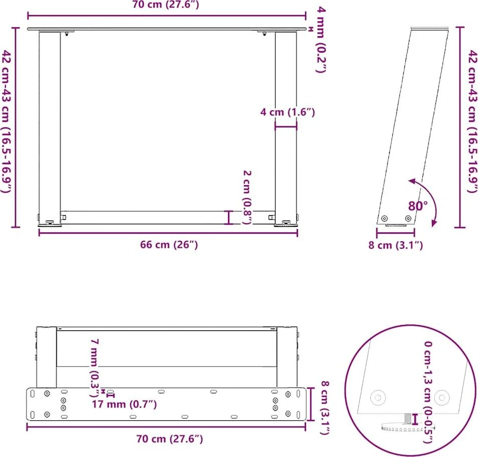 Kavos staliuko kojelės, 2 vnt., baltos, 70x(42-43) cm, plienas, U formos