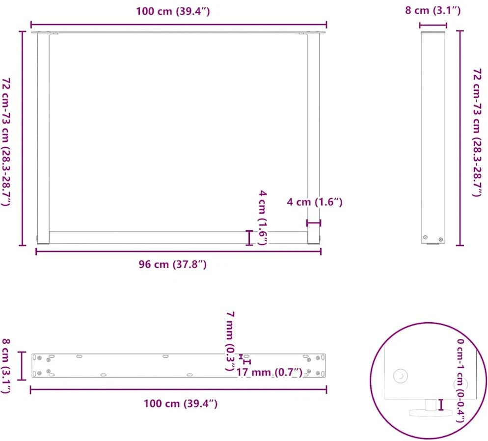 Kavos staliuko kojelės, U formos, 2 vnt., balta, 100x(72-73) cm