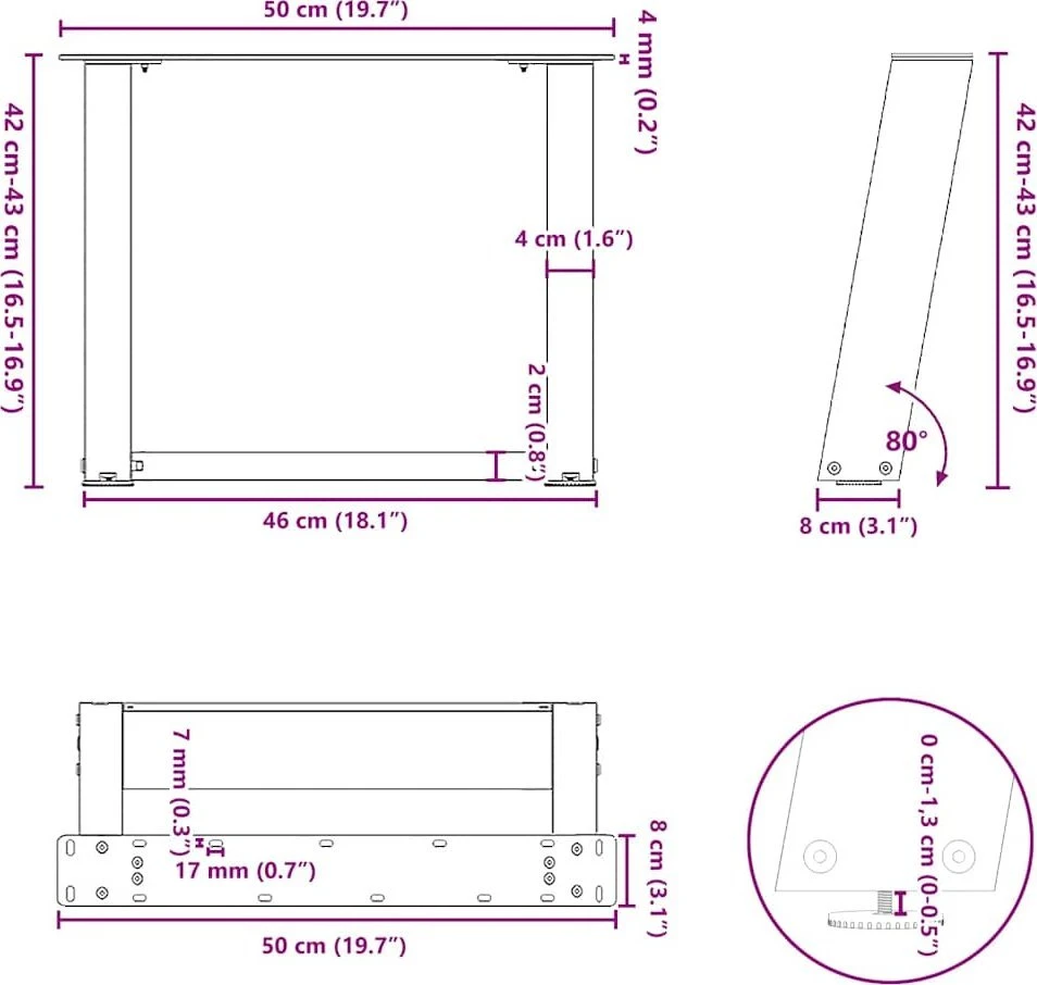 Kavos staliuko kojelės, 2 vnt., baltos, 50x(42-43) cm, plienas, U formos