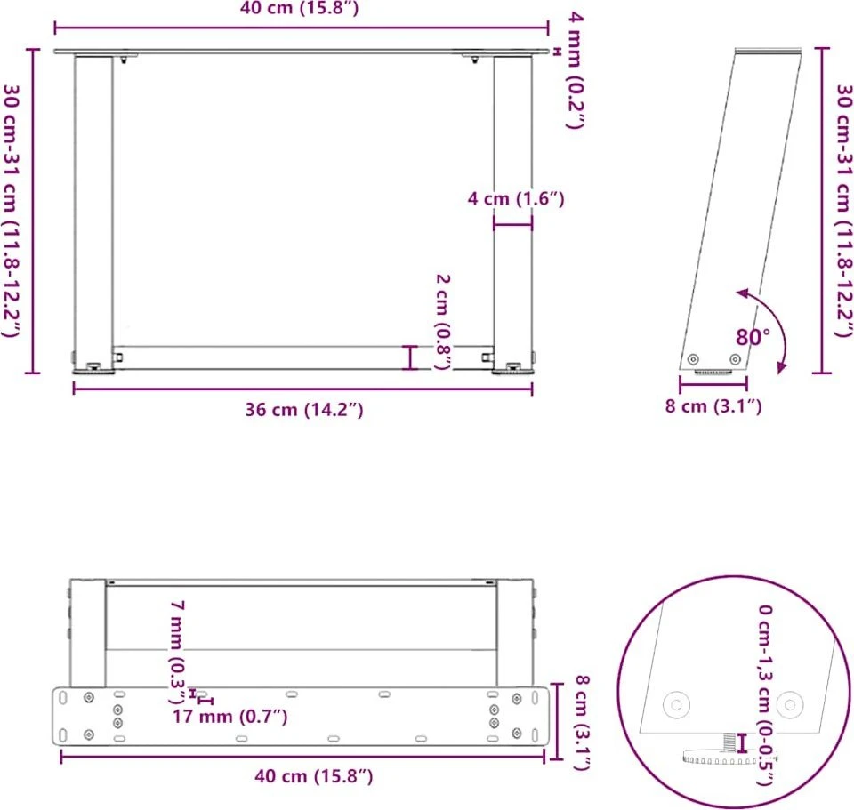 Kavos staliuko kojelės, 2 vnt., baltos, 40x(30-31) cm, plienas, U formos