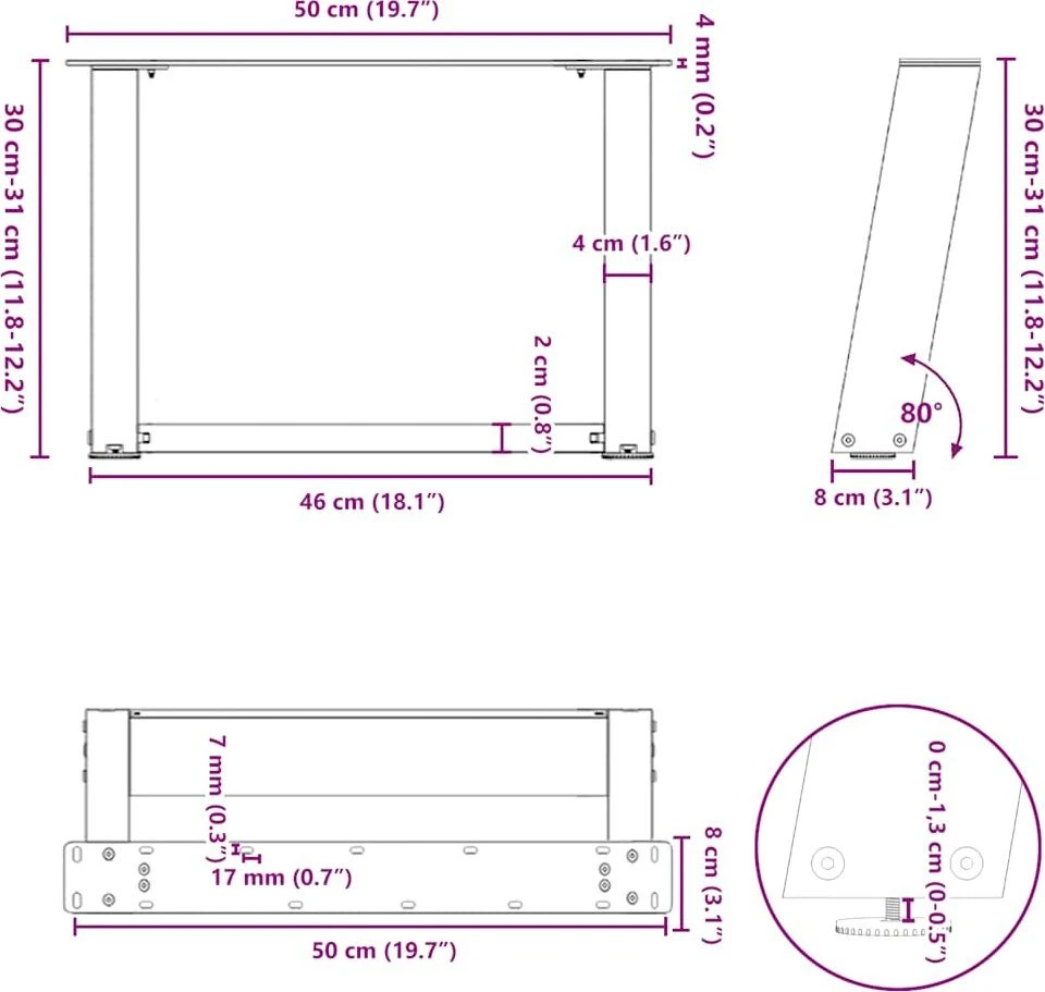 Kavos staliuko kojelės, 2 vnt., baltos, 50x(30-31) cm, plienas, U formos