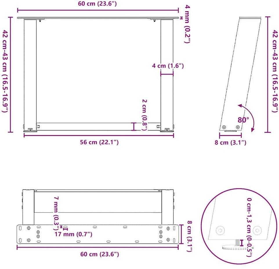 Kavos staliuko kojelės, U formos, 2 vnt., juoda, 60x(42-43) cm