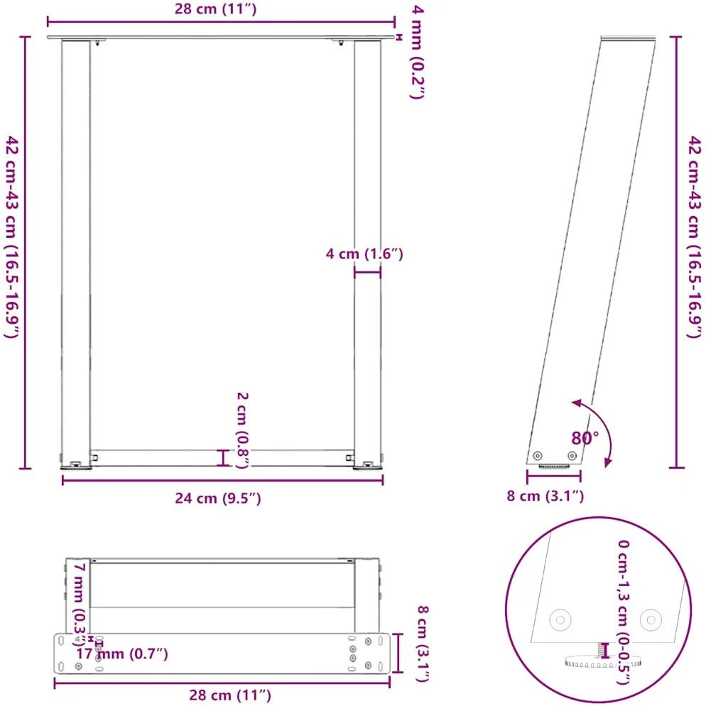 Kavos staliuko kojelės, 2 vnt., juodos, 28x(42-43) cm, plienas, U formos