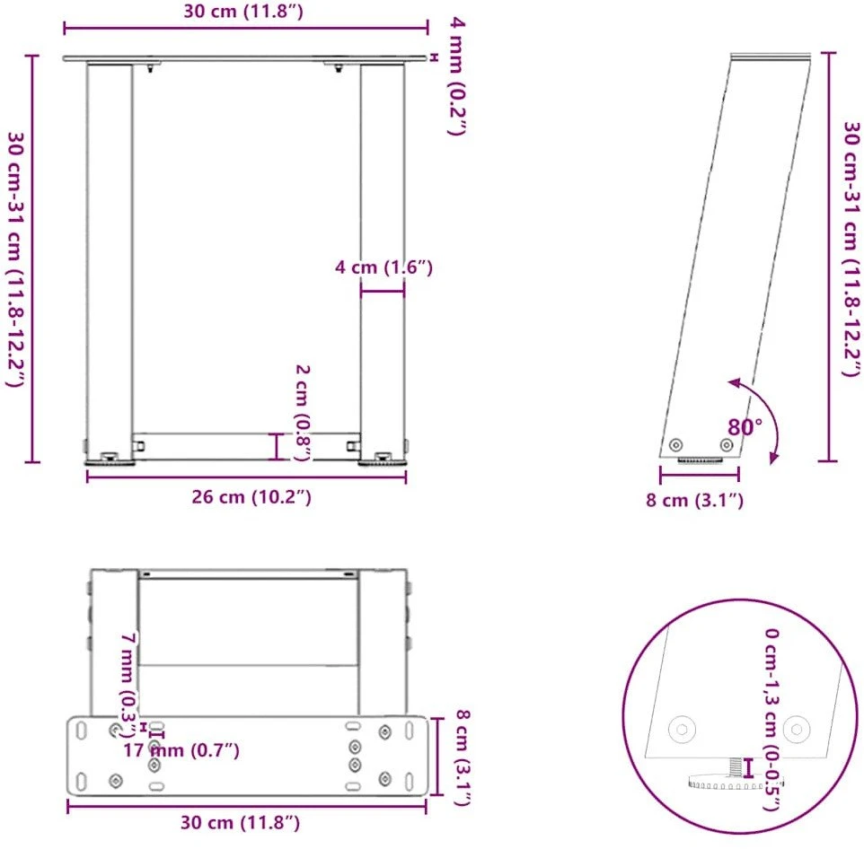 Kavos staliuko kojelės, U formos, 2 vnt., natūralus plienas, 30x(30-31) cm, plienas