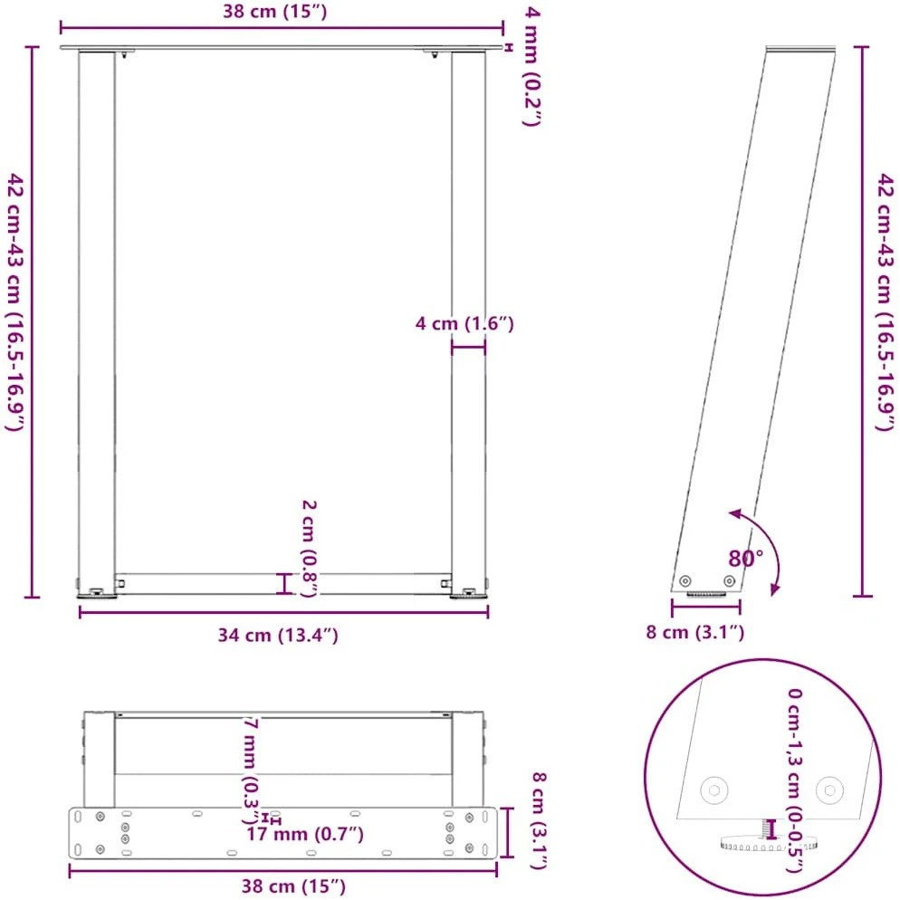 Kavos staliuko kojelės, U formos, 2 vnt., natūralus plienas, 38x(42-43) cm, plienas