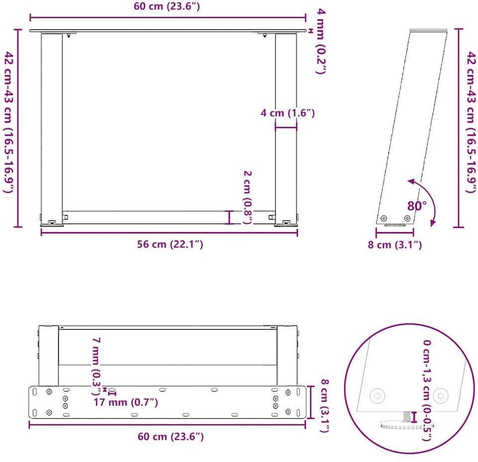 Kavos staliuko kojelės, U formos, 2 vnt., natūralus plienas, 60x(42-43) cm, plienas