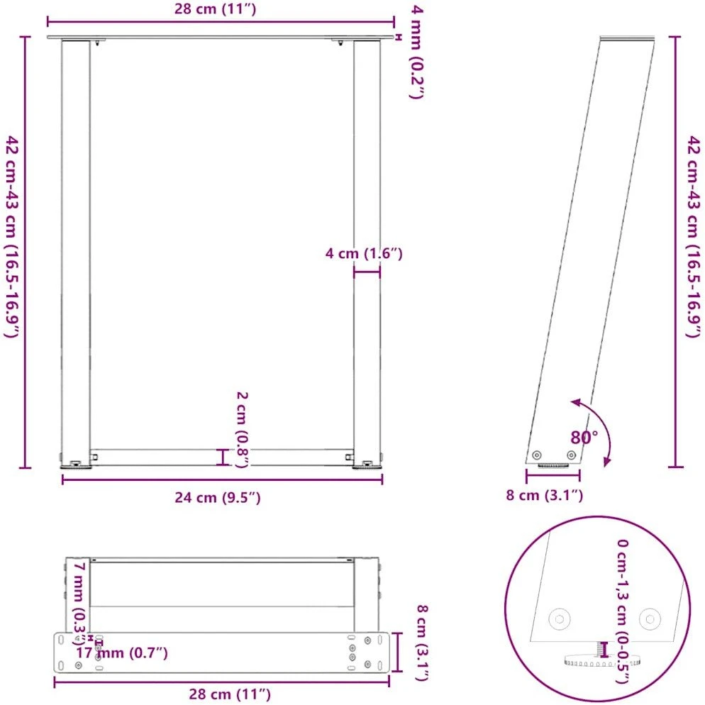 Kavos staliuko kojelės, U formos, 2 vnt., natūralus plienas, 28x(42-43) cm, plienas