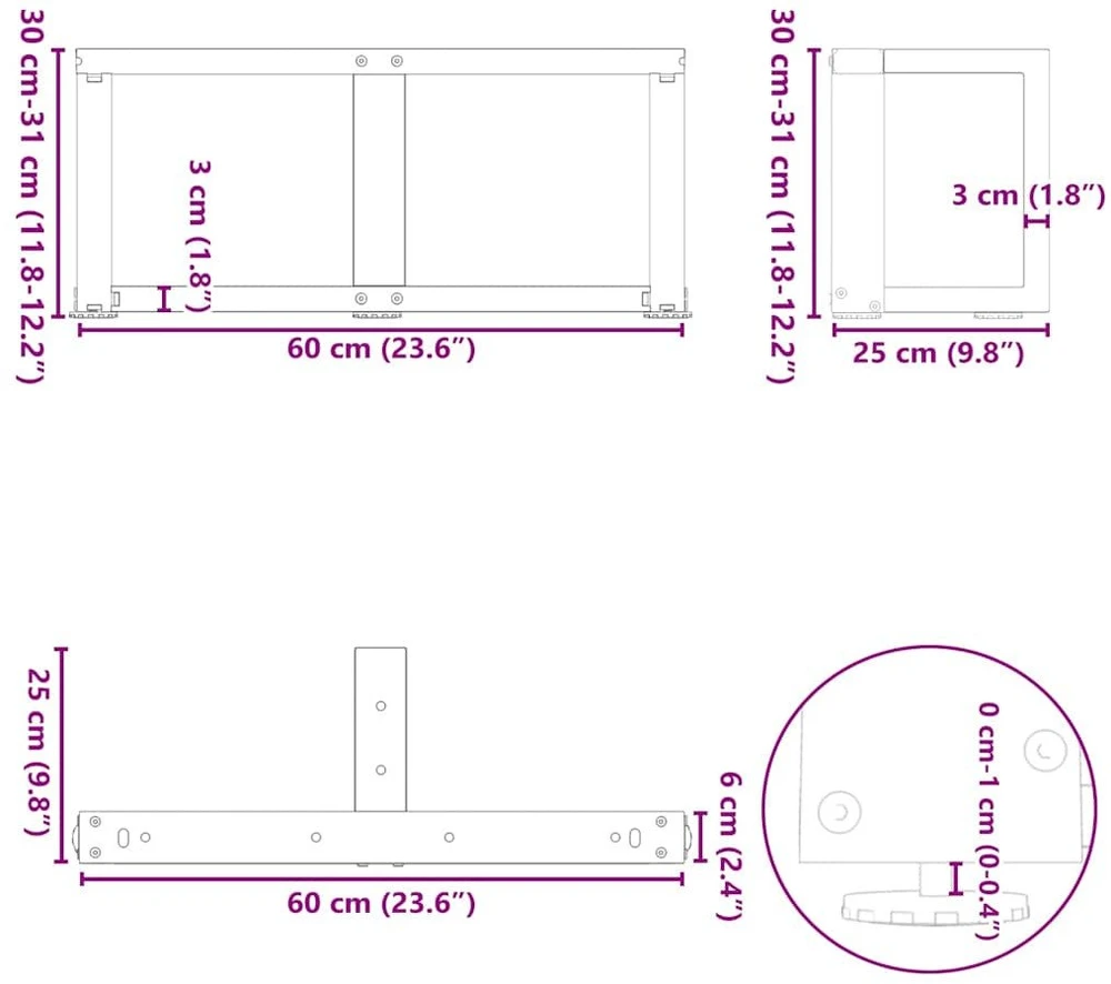 Kavos staliuko kojelės, 2 vnt., baltos, 60x25x(30-31) cm, plienas