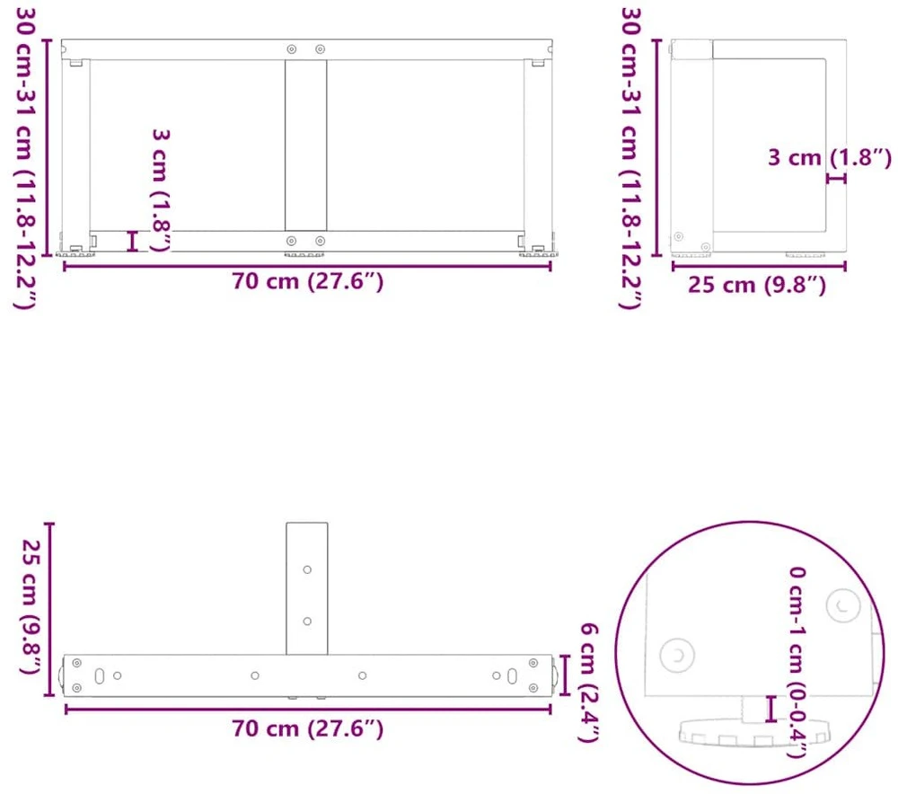 Kavos staliuko kojelės, 2 vnt., baltos, 70x25x(30-31) cm, plienas, T formos