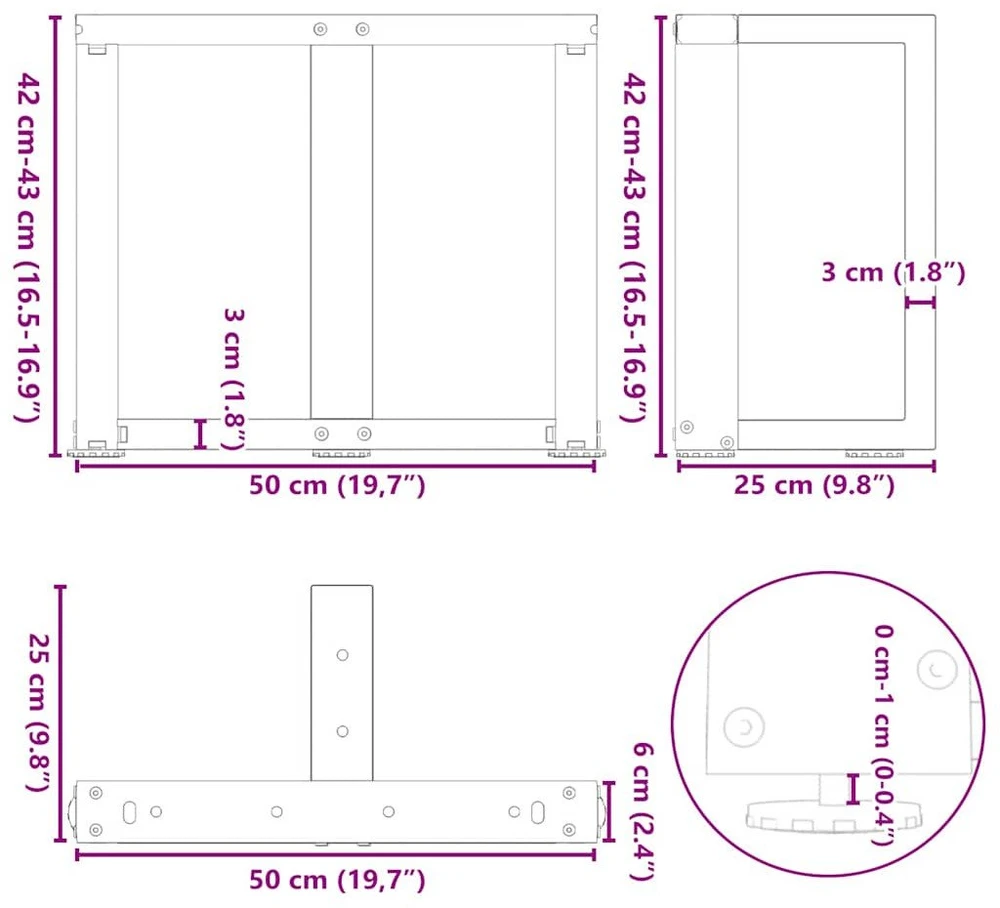 Kavos staliuko kojelės, 2 vnt., baltos, 50x25x(42-43) cm, plienas, T formos