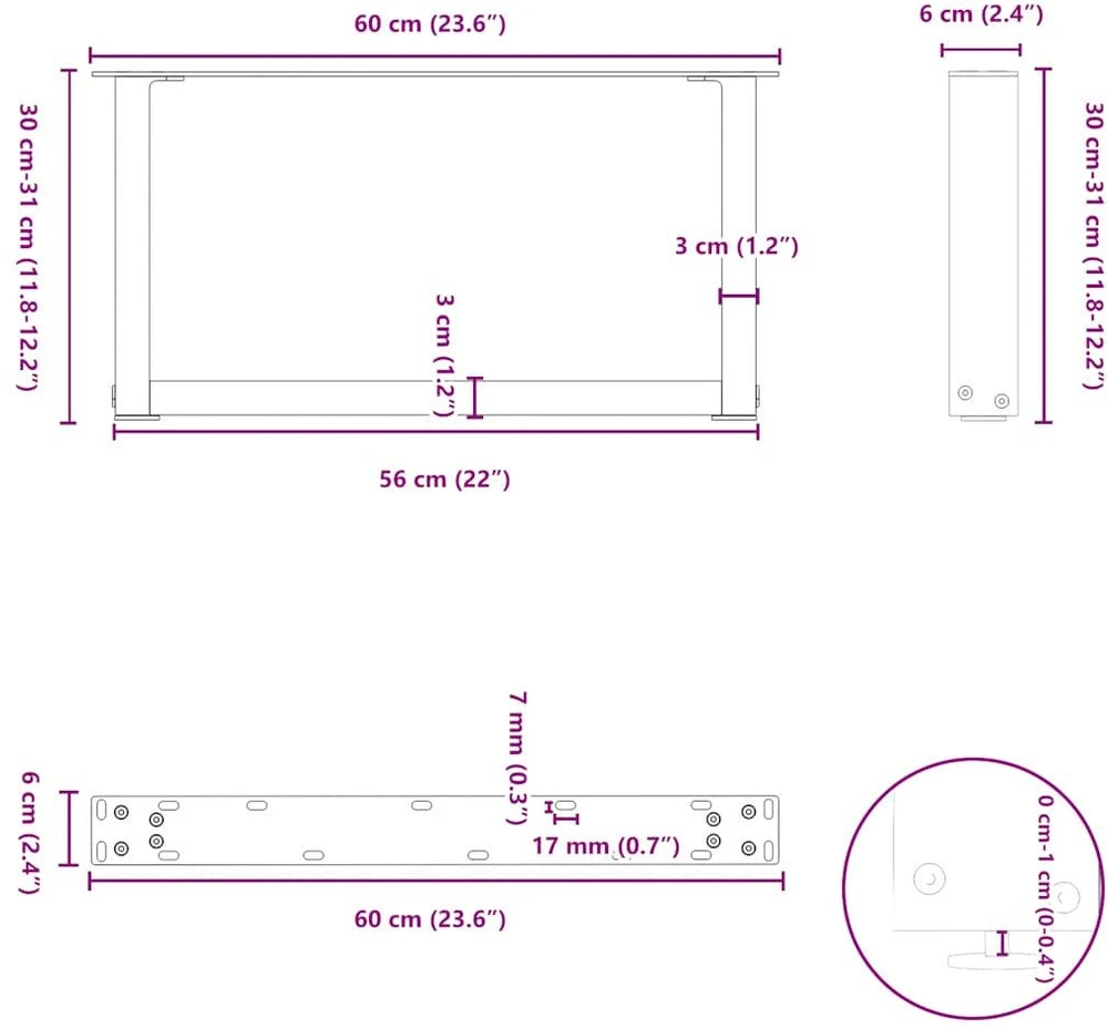 Kavos staliuko kojelės, 2 vnt., juodos, 60x(30-31) cm, plienas, U formos