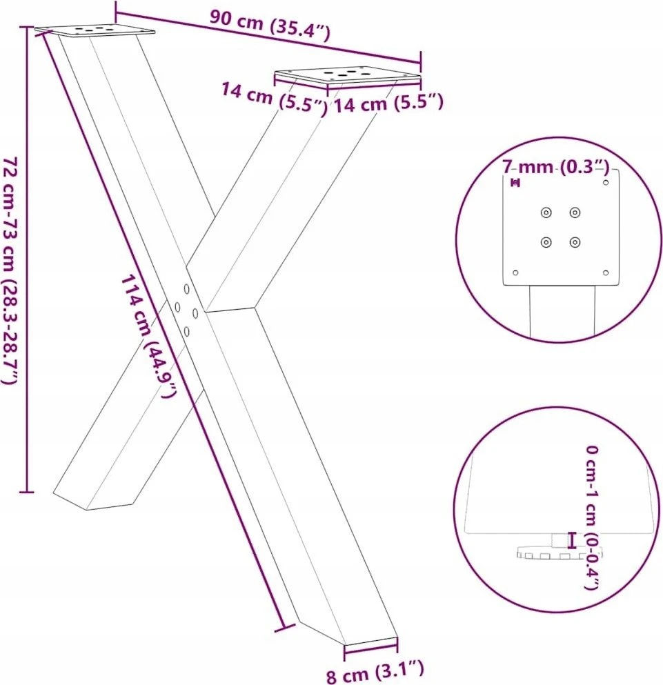 Valgomojo stalo kojos, 3 vnt., juodos, 90x(72-73) cm, plienas, X formos