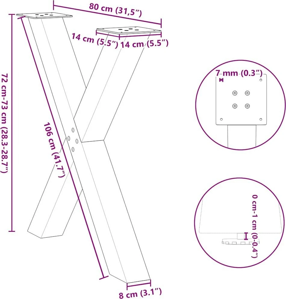 Valgomojo stalo kojos, X formos, 3 vnt., natūralus plienas, 80x(72-73) cm, plienas
