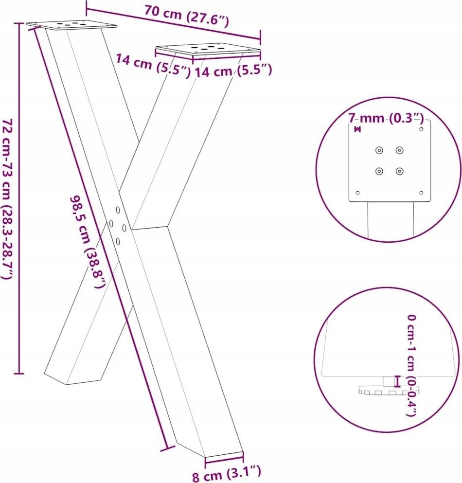 Valgomojo stalo kojos, 3 vnt., juodos, 70x(72-73) cm, plienas, X formos