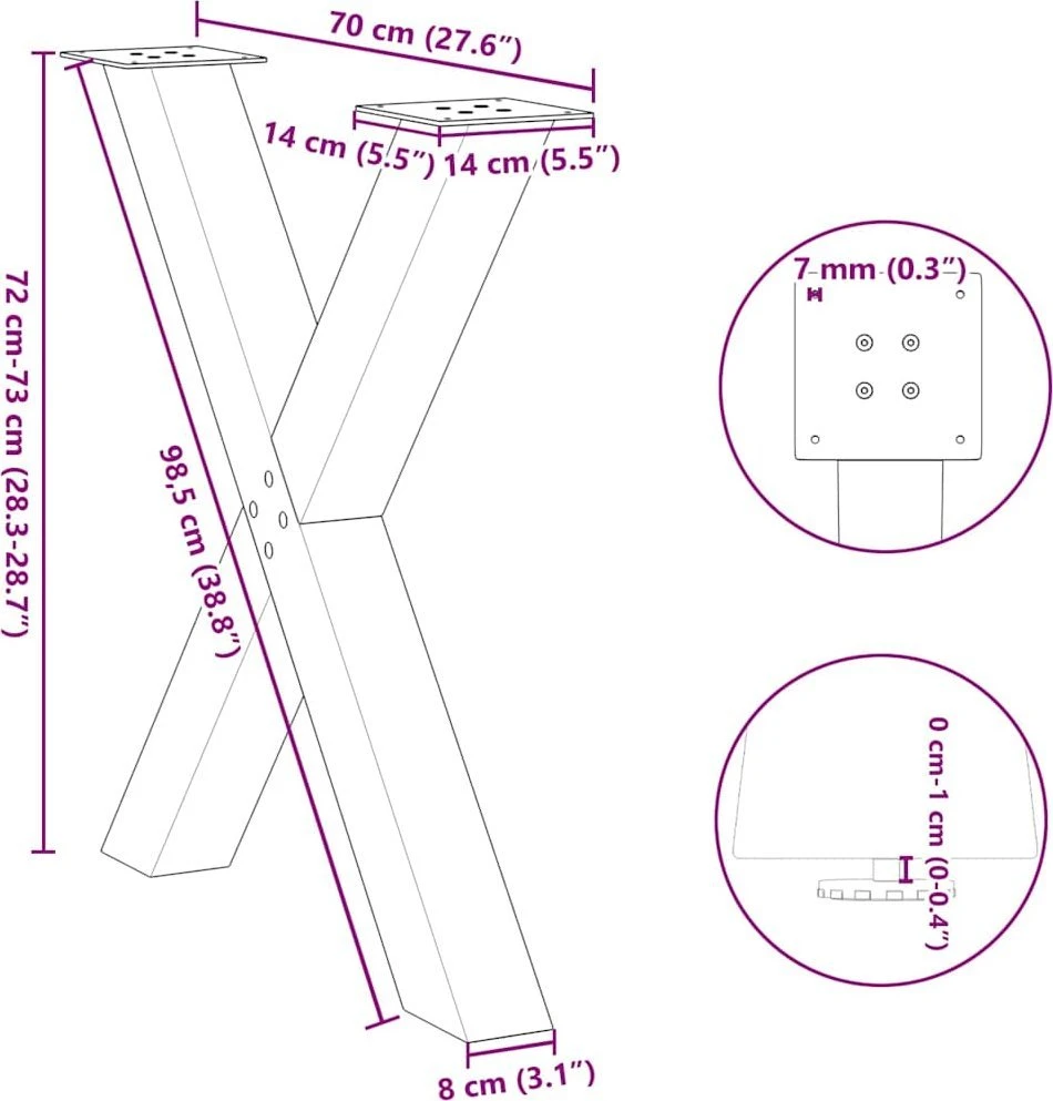 Valgomojo stalo kojelės, X formos, 2 vnt., natūralus plienas, 70x(72-73) cm, plienas