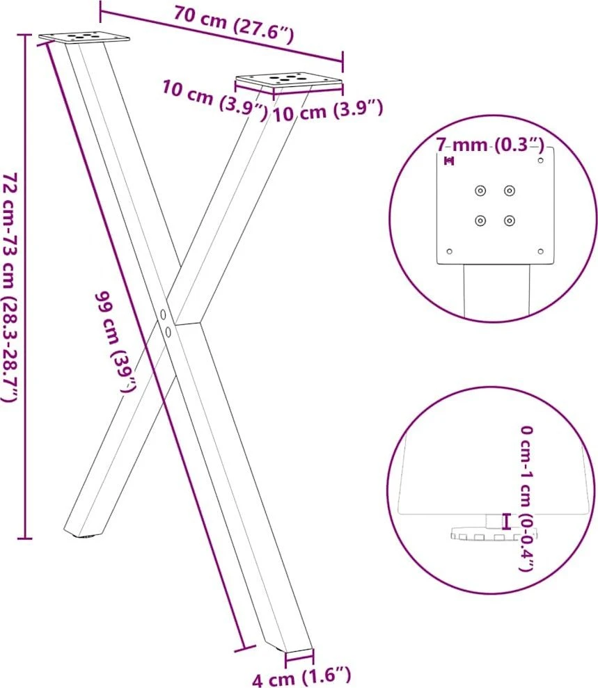 Valgomojo stalo kojelės, X formos, 2 vnt., natūralus plienas, 70x(72-73) cm, plienas