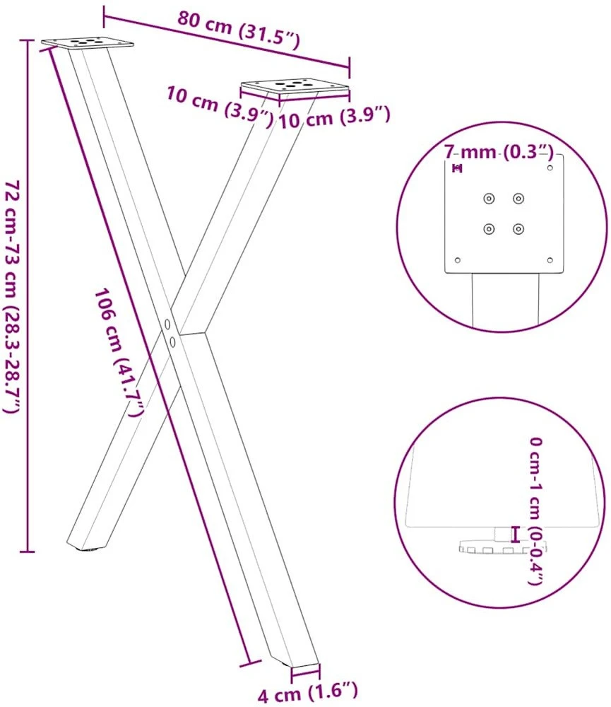 Valgomojo stalo kojelės, X formos, 2 vnt., natūralus plienas, 80x(72-73) cm, plienas