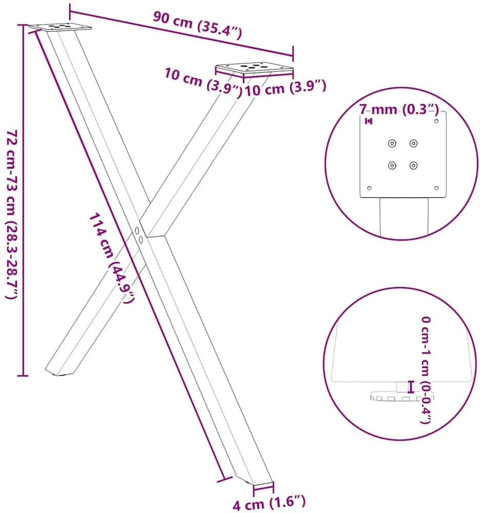 Valgomojo stalo kojelės, X formos, 2 vnt., natūralus plienas, 90x(72-73) cm, plienas