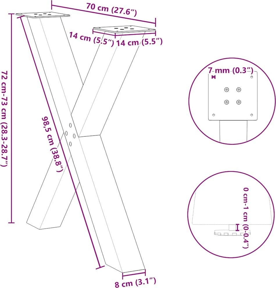 Valgomojo stalo kojos, X formos, 3 vnt., natūralus plienas, 70x(72-73) cm, plienas