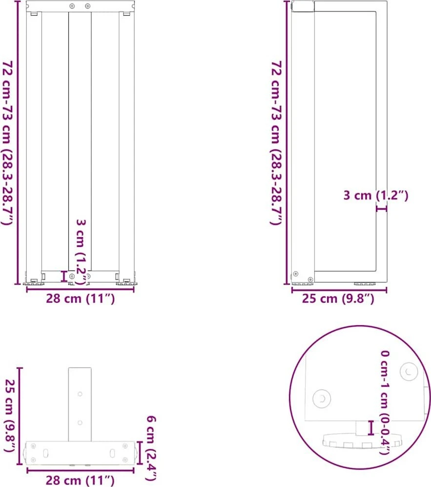 Konsolinio staliuko kojelės, T formos, 2 vnt., baltos, 25x28x(72-73) cm, plienas