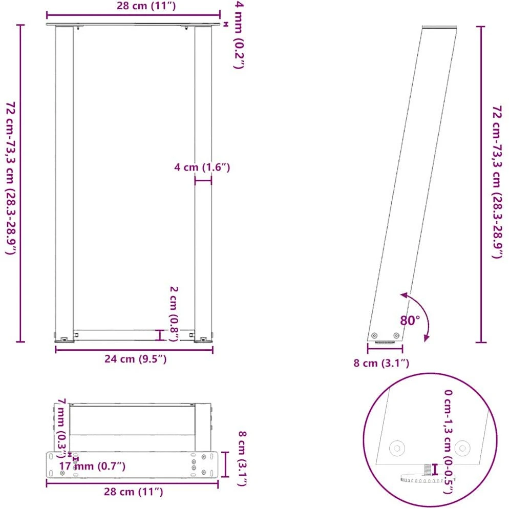 Konsolinio stalo kojelės, U formos, 2 vnt., juodos, 28x(72-73) cm, plienas