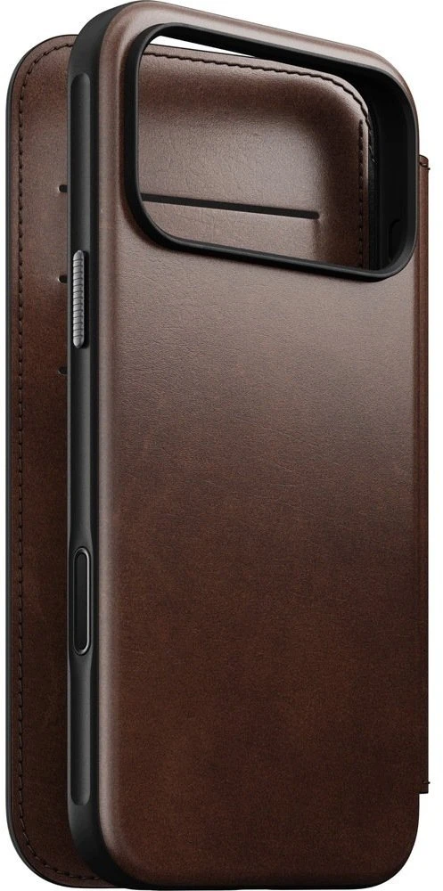 Dėklai ir apvalkalai – Flip Nomad Modern odinis dėklas-knygelė, rustic ruda (Horween) – iPhone 18 Pro Max/17 Pro Max