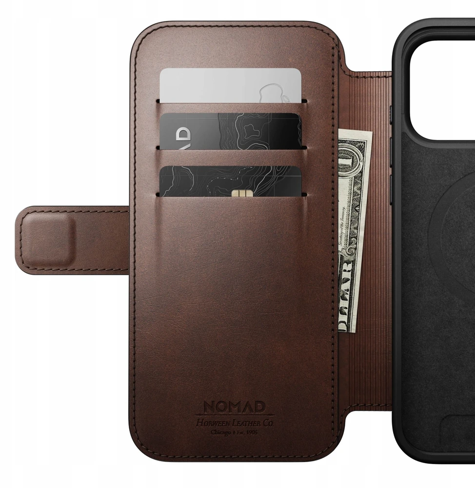 Dėklas „Nomad Modern Leather Folio“, kaimiško stiliaus rudas (Horween) – „iPhone 17 Pro Max“