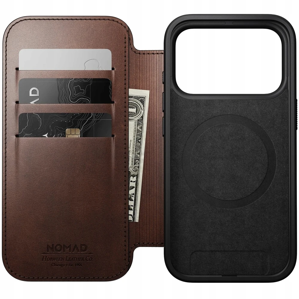 Dėklas Nomad Modern Leather Folio, rustic ruda (Horween) - iPhone 17 Pro