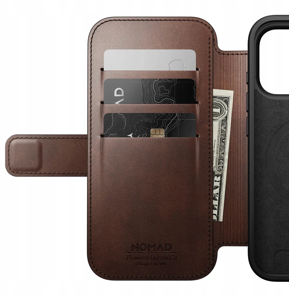 Dėklas Nomad Modern Leather Folio, rustic ruda (Horween) - iPhone 17 Pro