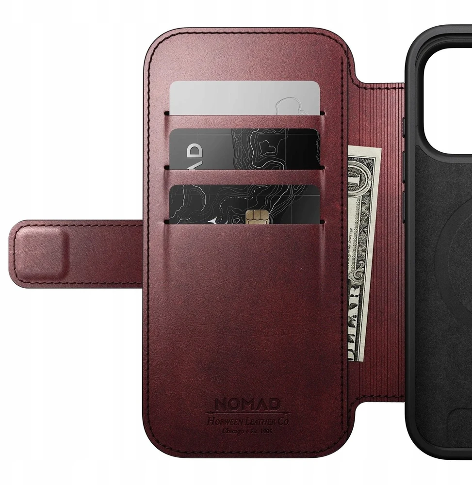 Dėklas Nomad Modern Leather Folio, burgundy (Horween) - iPhone 17 Pro