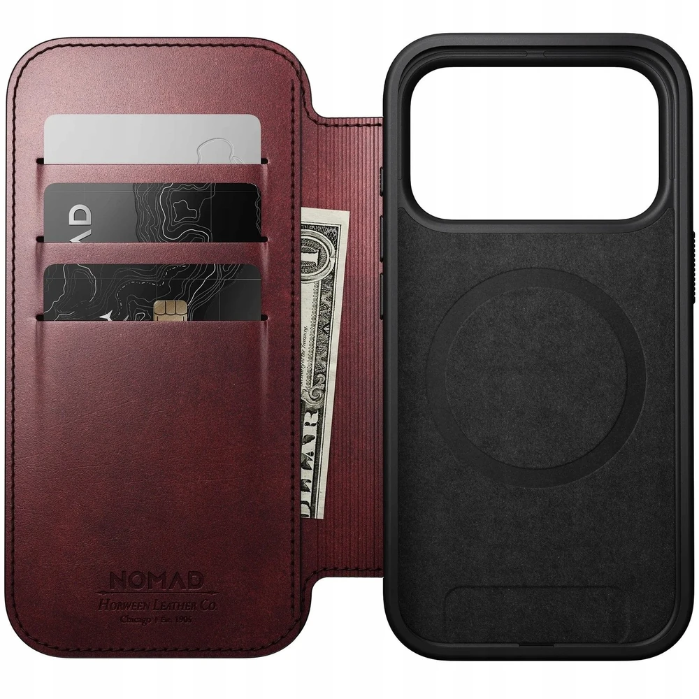 Dėklas Nomad Modern Leather Folio, burgundy (Horween) - iPhone 17 Pro