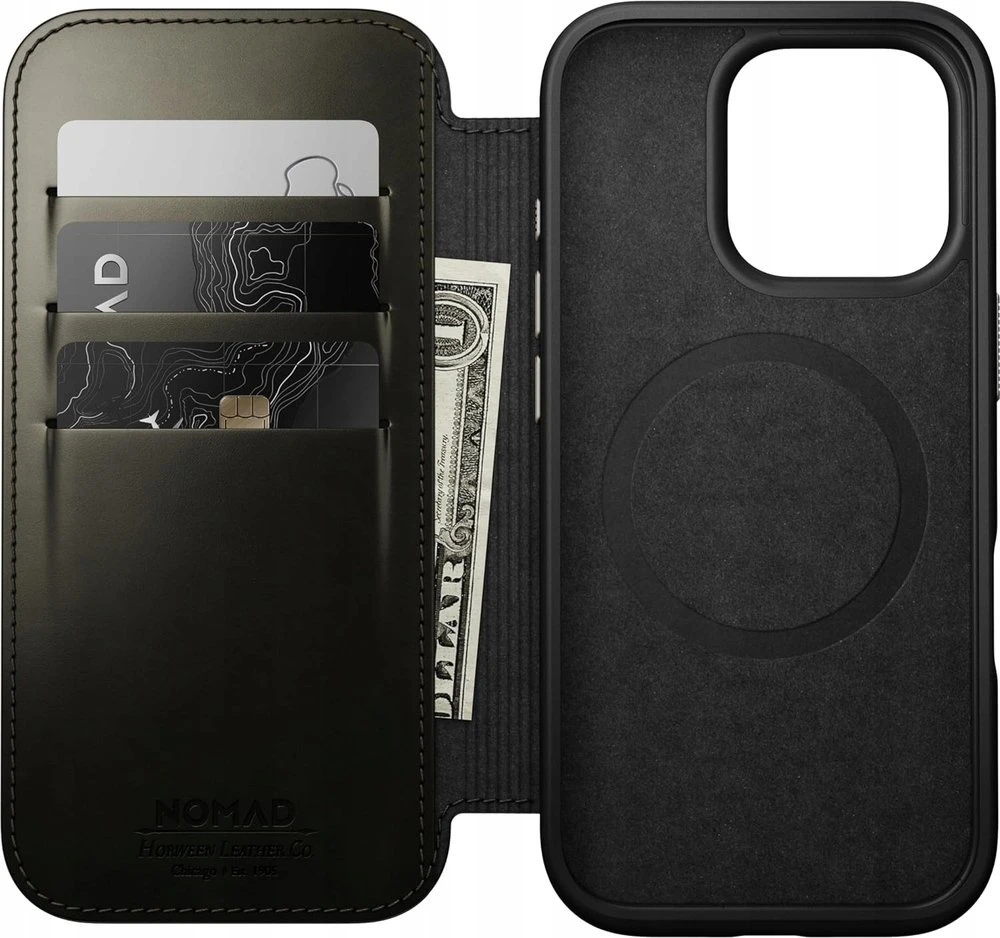 Dėklas Nomad Leather Folio, žalias chrome - iPhone 16 Pro