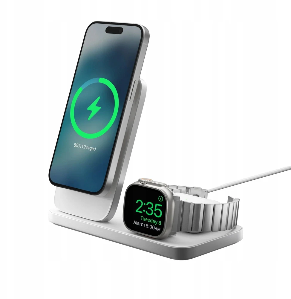 NOMAD Stand One Max - Qi2 belaidis įkroviklis, 25 W trims įrenginiams, suderinamas su „MagSafe“, 4 kartos (sidabrinis)