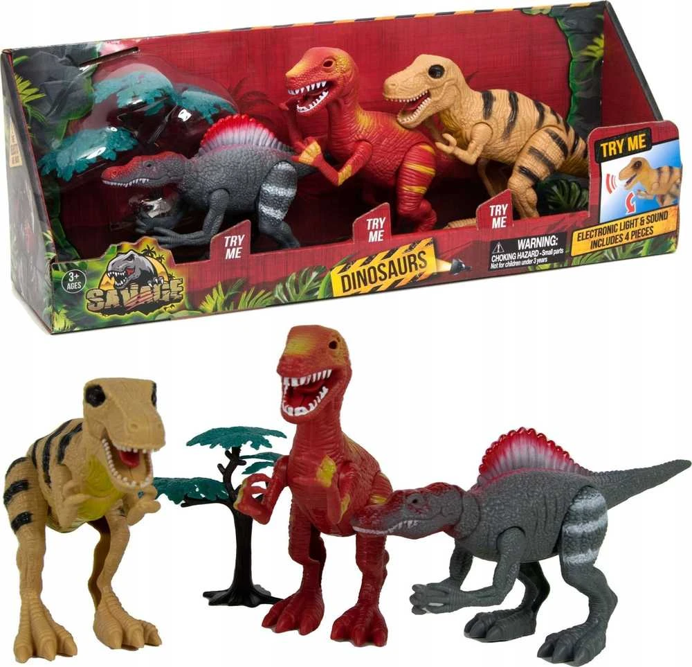 Norimpex Dinozaurų interaktyvios figūrėlės Rinkinys Judantis garsas Šviesa Riaumojimas 22 cm Spinosaurus Tyrannosaurus Velociraptor 3 vnt.