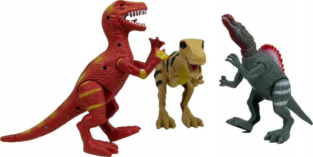 Norimpex Dinozaurų interaktyvios figūrėlės Rinkinys Judantis garsas Šviesa Riaumojimas 22 cm Spinosaurus Tyrannosaurus Velociraptor 3 vnt.