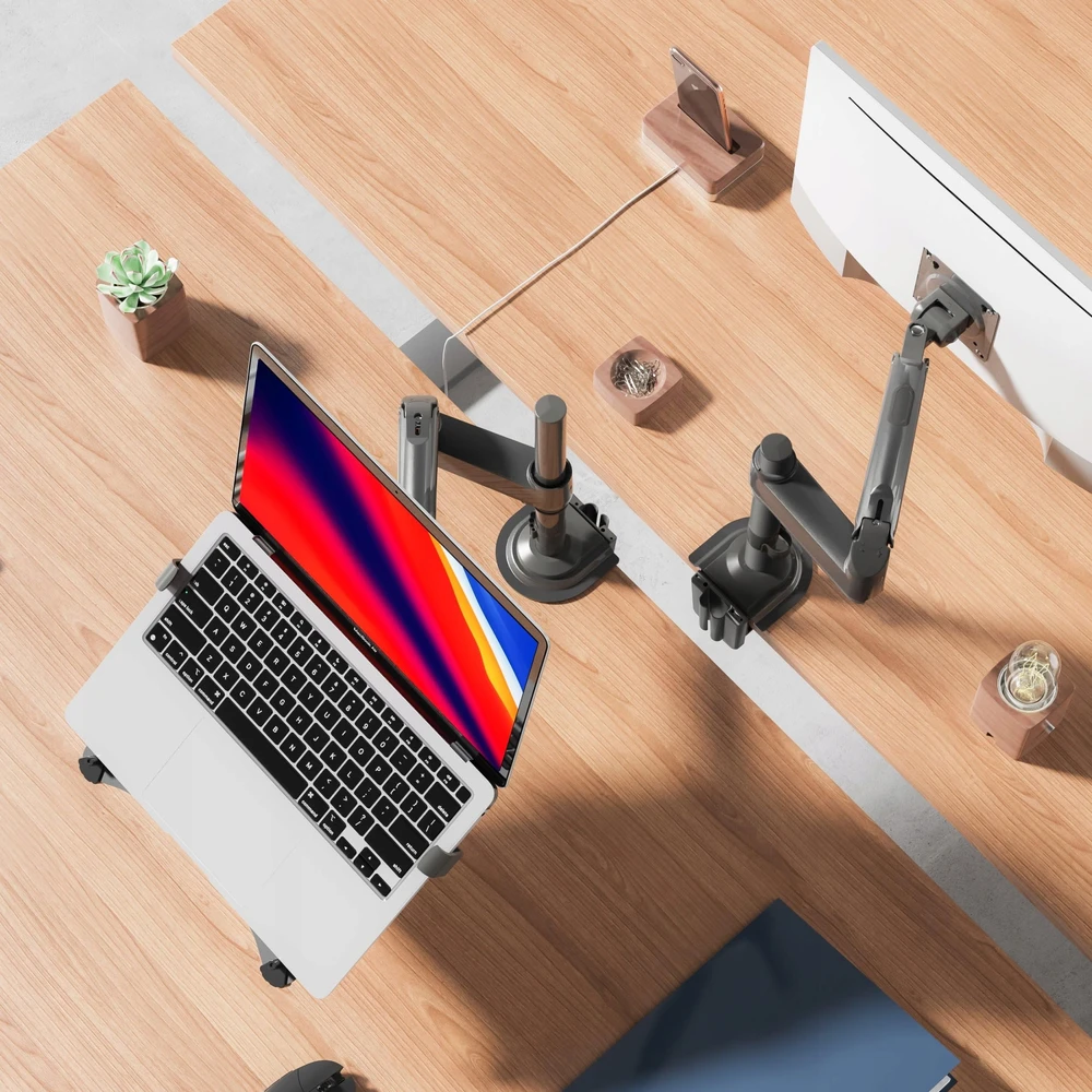 North Bayou H100-FP Ergonomiškas stalinis laikiklis nešiojamajam kompiuteriui / monitoriui 3D reguliavimas
