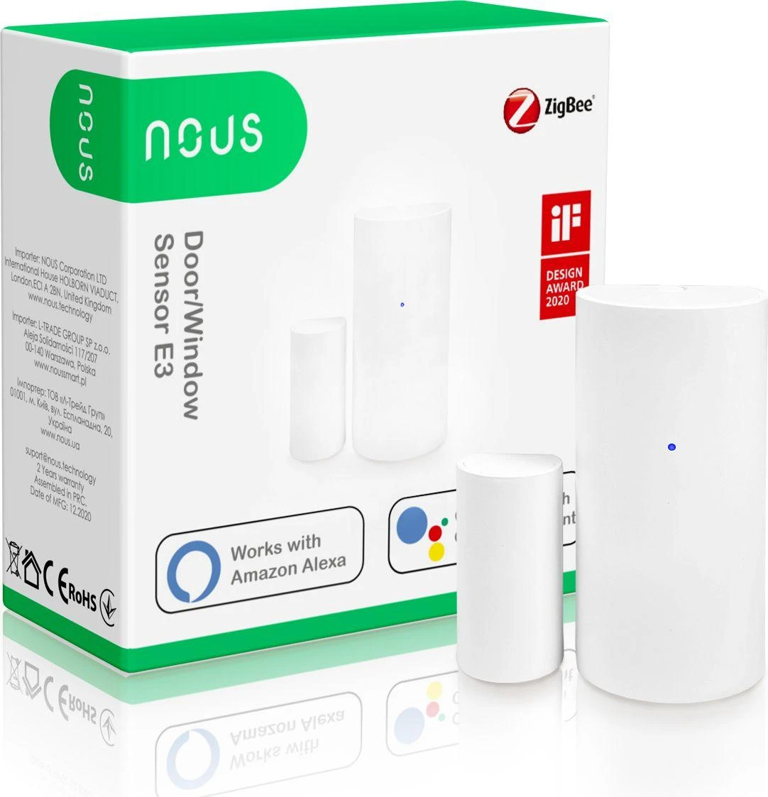 Išmanusis durų/langų jutiklis E3, ZigBee, TUYA / Smart Life, NOUS