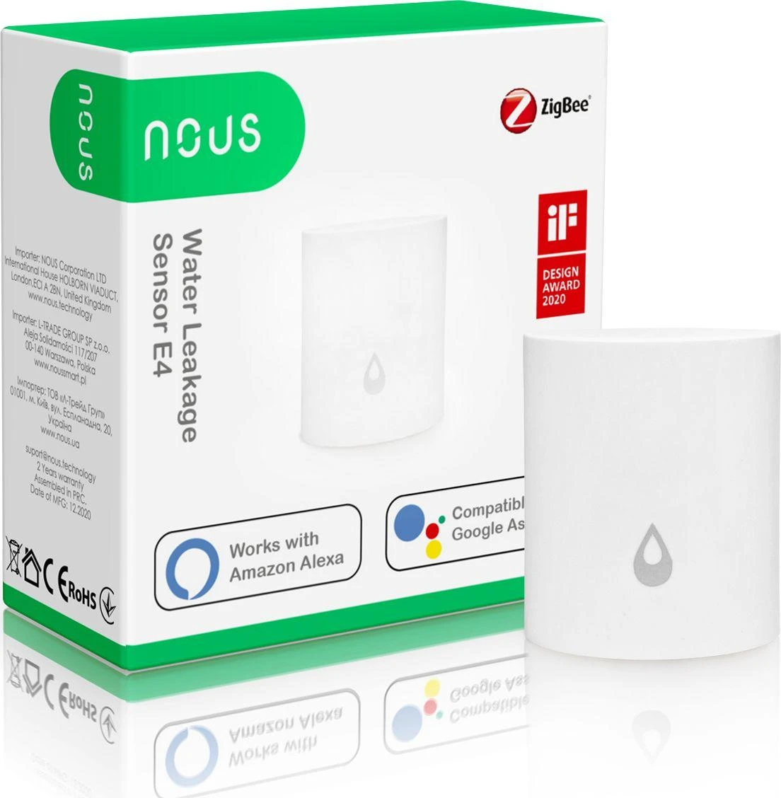 Išmanusis vandens nuotėkio jutiklis E4, ZigBee, TUYA / Smart Life, NOUS